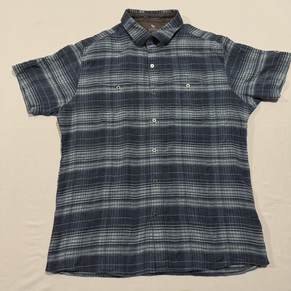 KUHL Skorpio Mens Large Blue Striped Linen Cotton Short Sleeve Shirt Style 7218